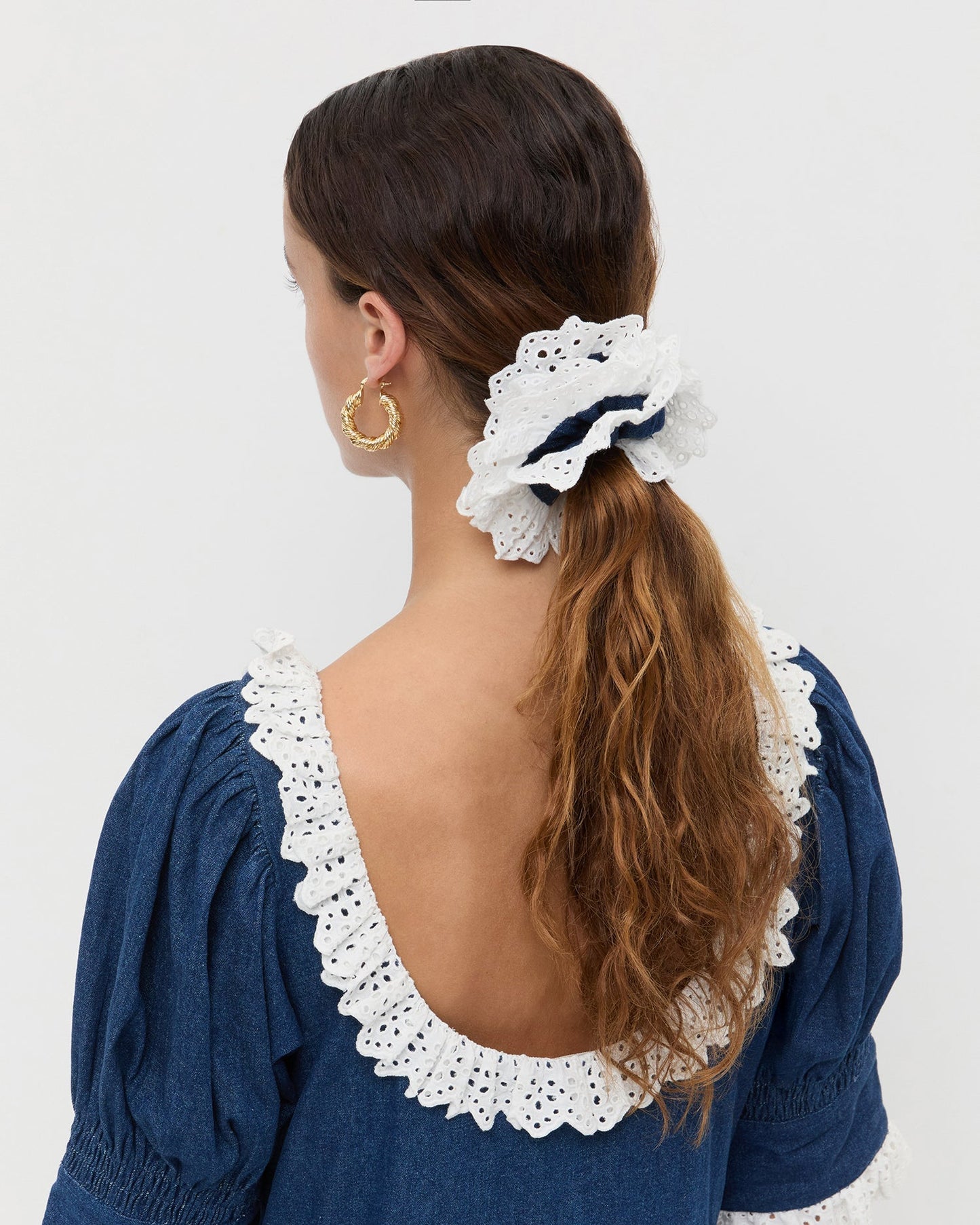 Dolly Denim/Cream Embroidered Scrunchie