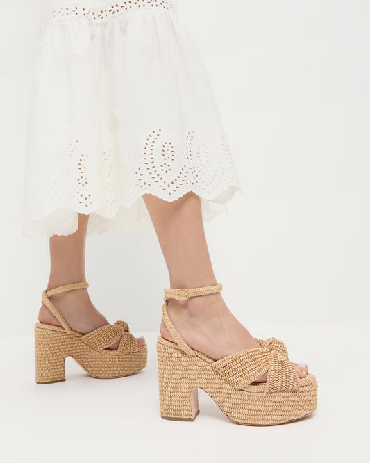 Liza Natural Platform Sandal in natural woven fabric and Thelma Eyelet Dress in cream cotton.