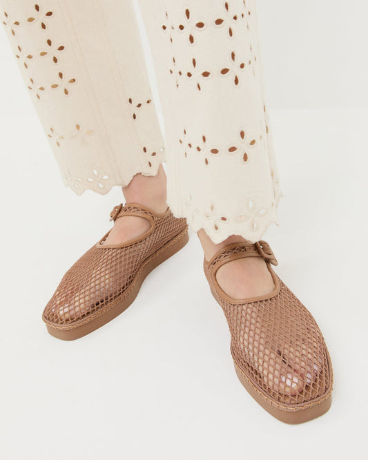 Rita Brown Netted Mary Jane in brown netted mesh and Demi Embroidered Pant in natural cotton.