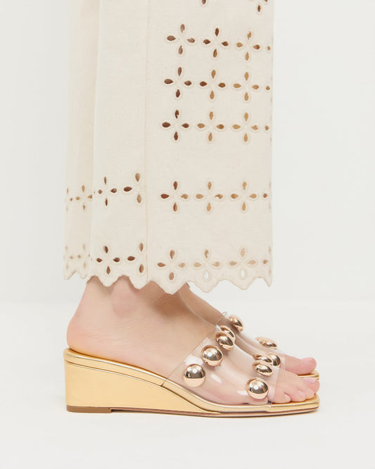 Enya Gold/Champagne Studded Wedge in gold leather and Demi Embroidered Pant in natural cotton.