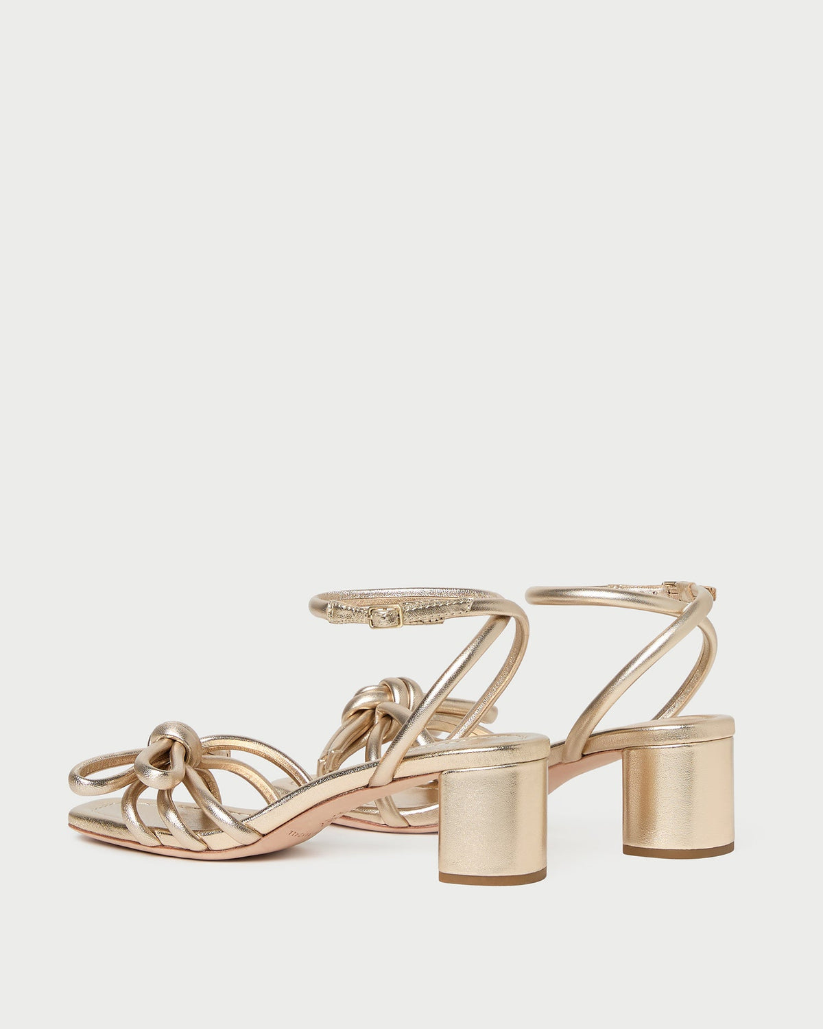 Mikel Champagne Bow Mid-Heel Sandal in metallic champagne nappa leather