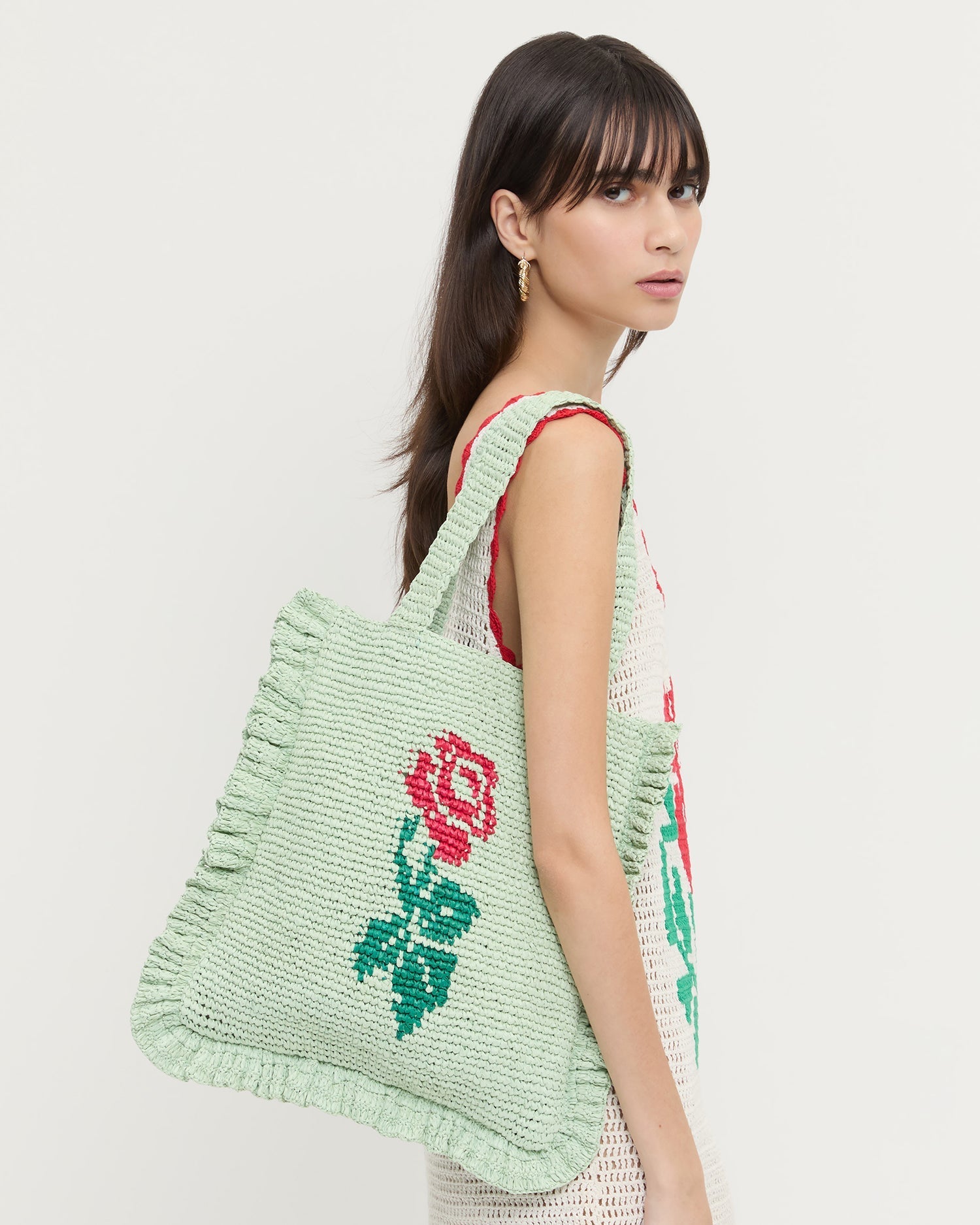 Justine Mint Crochet Ruffle Tote