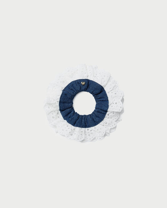 Dolly Denim/Cream Embroidered Scrunchie