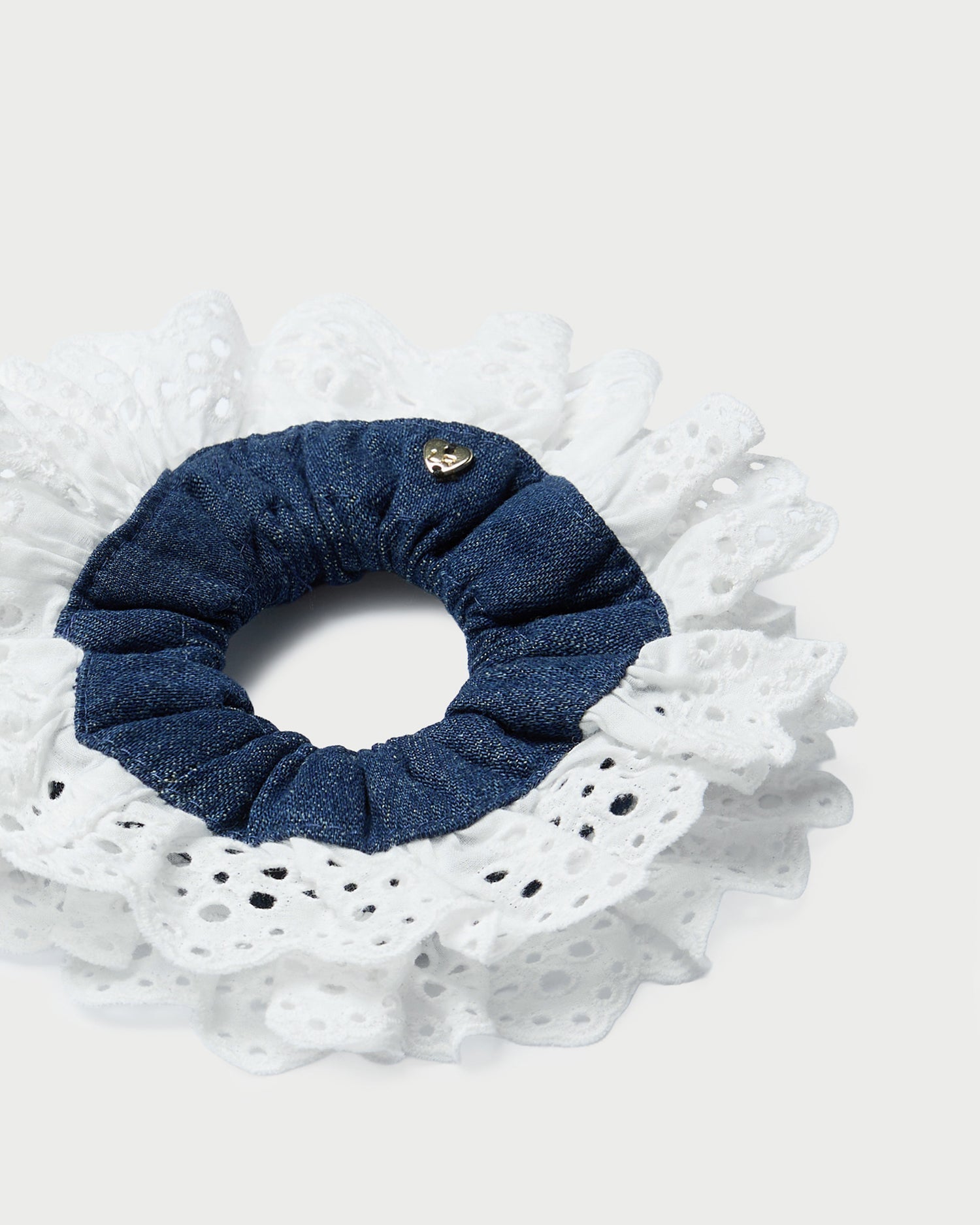 Dolly Denim/Cream Embroidered Scrunchie