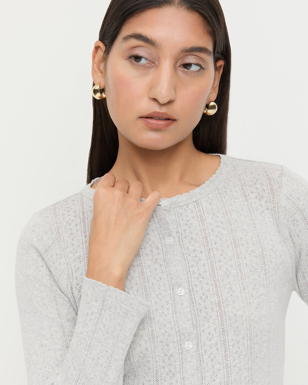 Ash Pointelle Cardigan, long-sleeve cardigan in heather grey pointelle cotton.