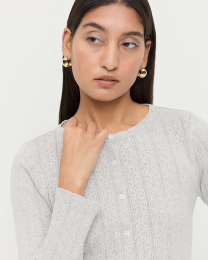 Ash Pointelle Cardigan, long-sleeve cardigan in heather grey pointelle cotton.