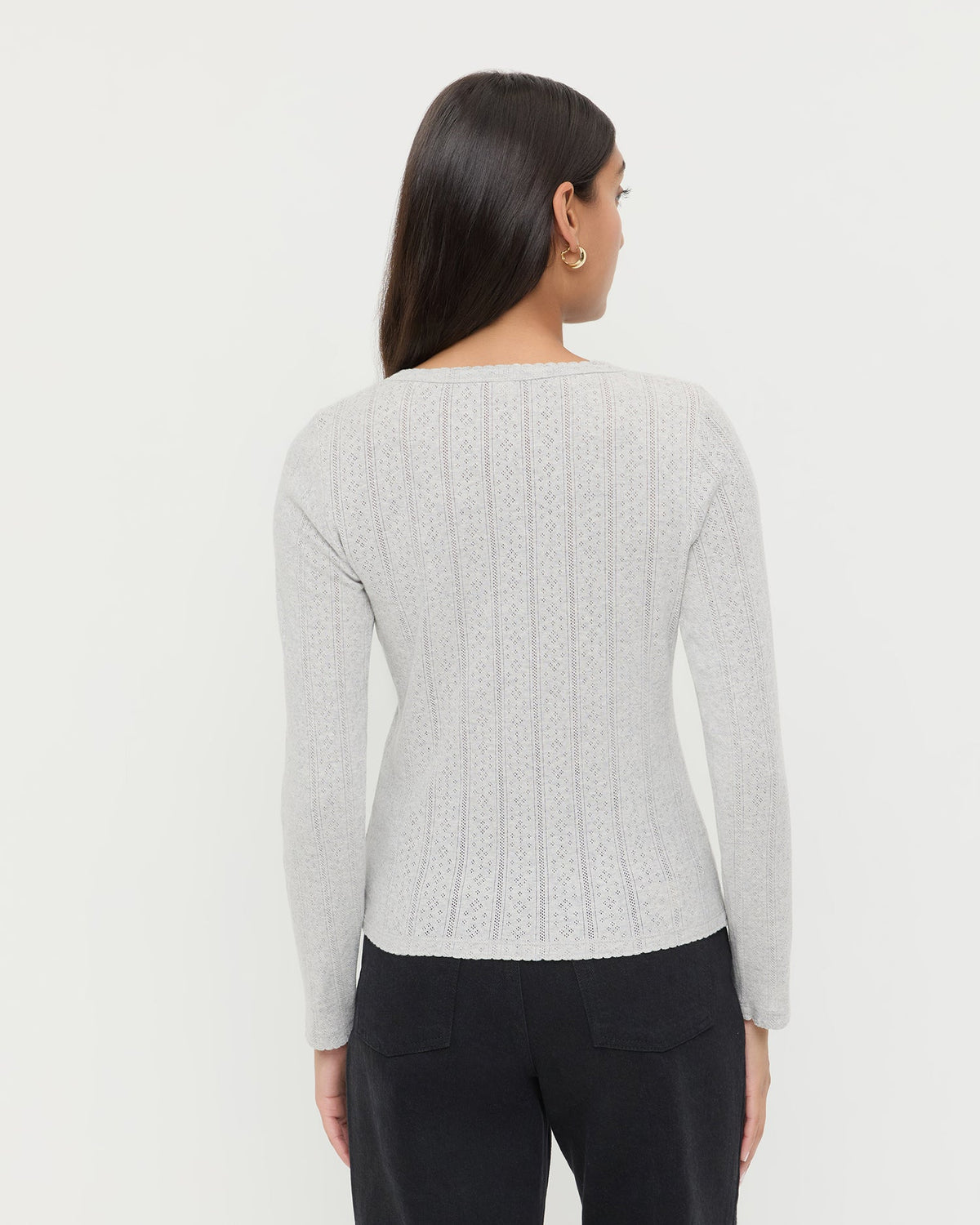 Ash Pointelle Cardigan, long-sleeve cardigan in heather grey pointelle cotton and Demi Embroidered Pant in black denim.