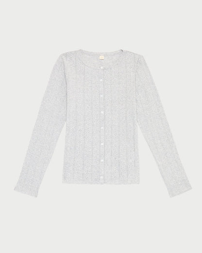 Ash Pointelle Cardigan, long-sleeve cardigan in heather grey pointelle cotton.