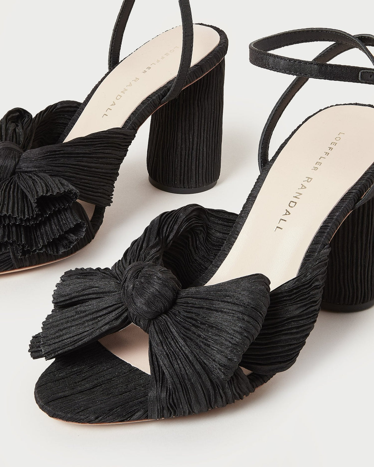 Camellia Black Pleated Bow Heel in black organza fabric.
