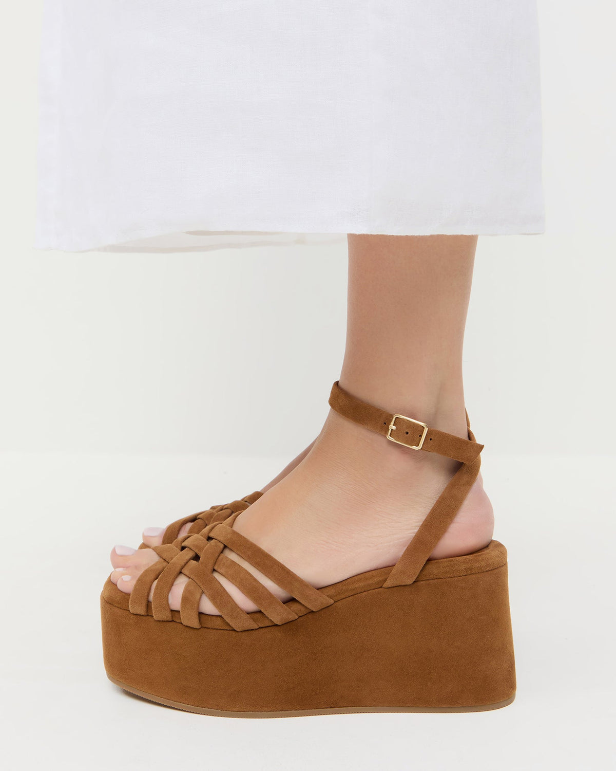 Channing Cacao Suede Platform Sandal and Estelle Dress in white cotton.