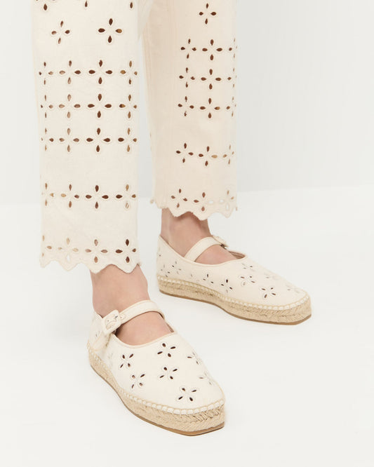 Clover Natural Embroidered Espadrille in natural canvas and Demi Embroidered Pant in natural cotton.
