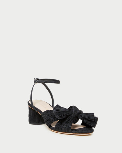 Dahlia Black Pleated Bow Heel in black pleated organza fabric.