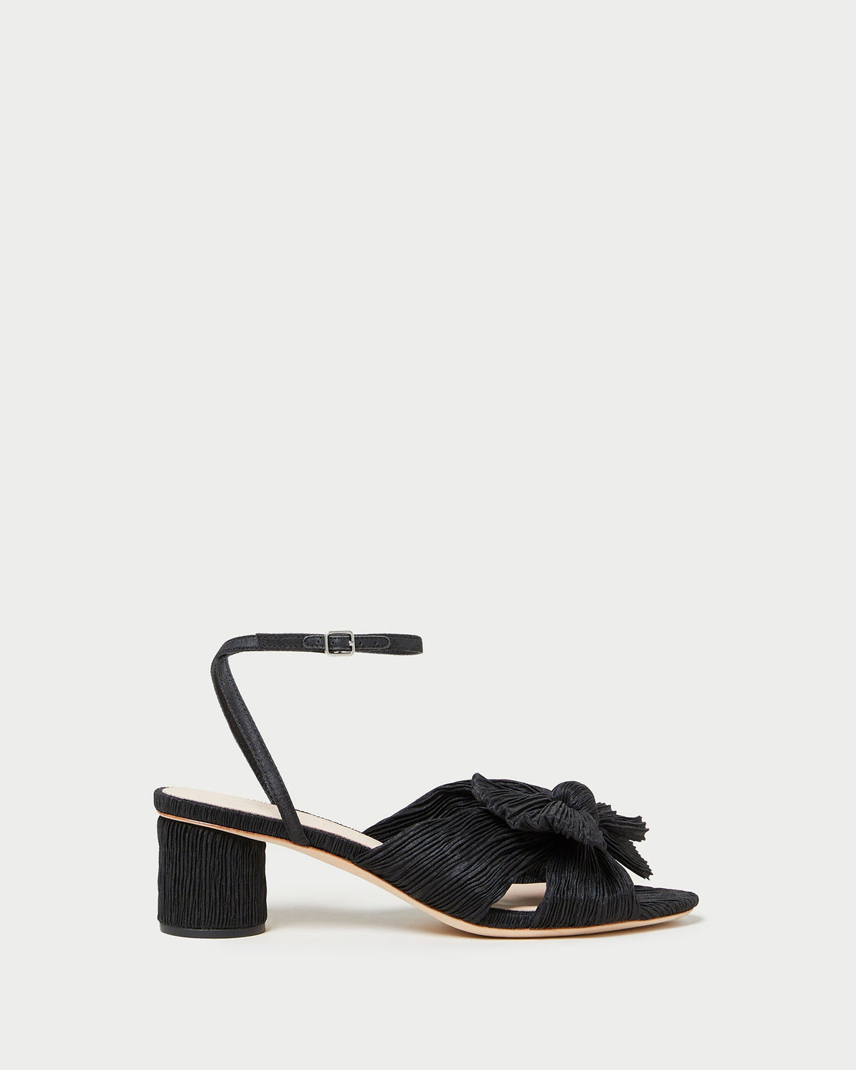 Dahlia Black Pleated Bow Heel in black pleated organza fabric.