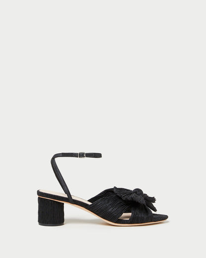 Dahlia Black Pleated Bow Heel in black pleated organza fabric.