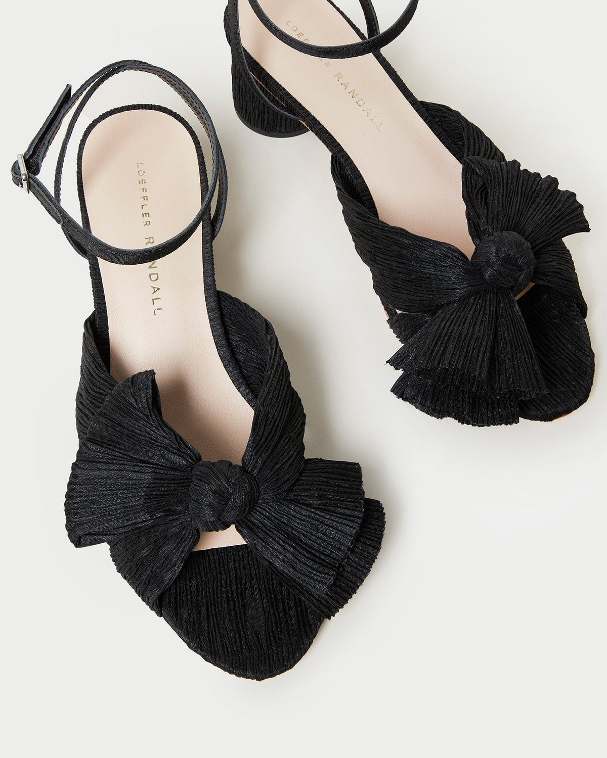 Dahlia Black Pleated Bow Heel in black pleated organza fabric.