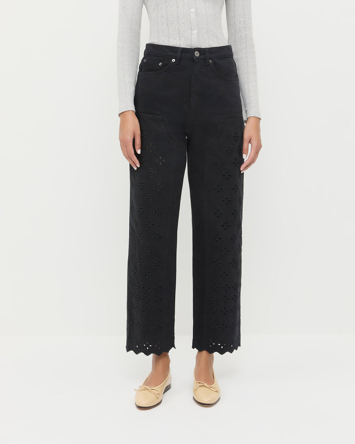 Demi Embroidered Pant in black denim and Lolo Pointelle Long-Sleeve Tee in grey cotton.