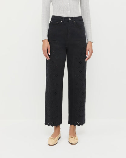 Demi Embroidered Pant in black denim and Lolo Pointelle Long-Sleeve Tee in grey cotton.