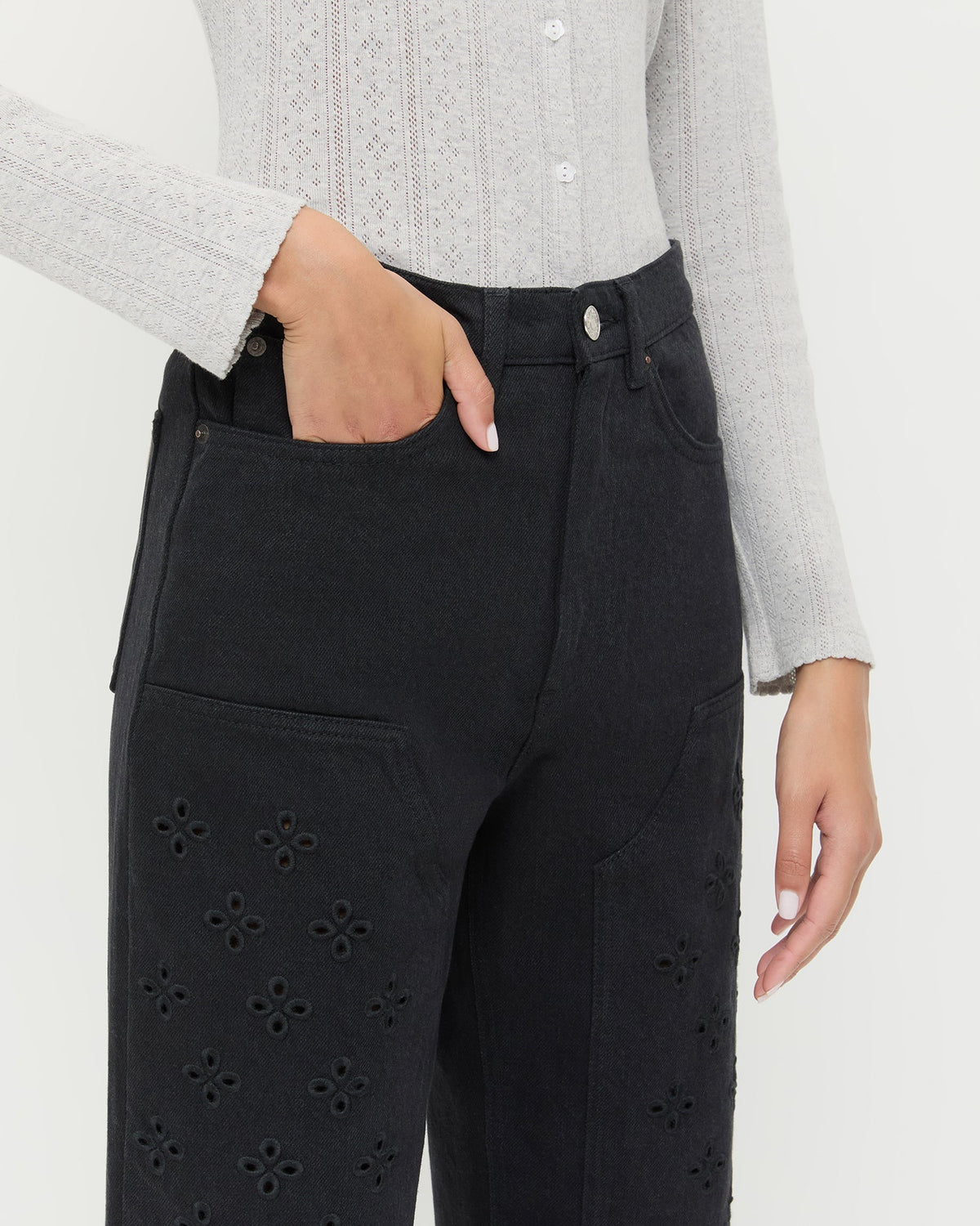 Demi Embroidered Pant in black denim and Lolo Pointelle Long-Sleeve Tee in grey cotton.