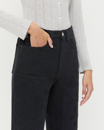 Demi Embroidered Pant in black denim and Lolo Pointelle Long-Sleeve Tee in grey cotton.