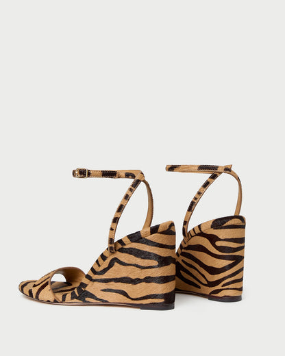 Gavi Wedge sandal in tan zebra print hair calf.