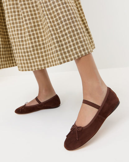 Leonie Espresso Suede Ballet Flat in espresso brown suede and Gillian Puff Sleeve Dress in brown plaid cotton.