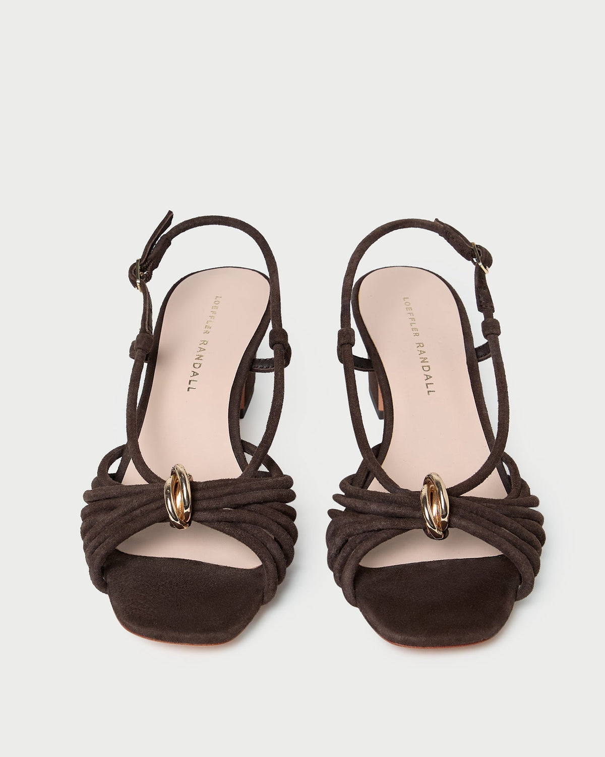 Minna Brown Suede Heeled Sandal in brown suede with a gold hardware accent.
