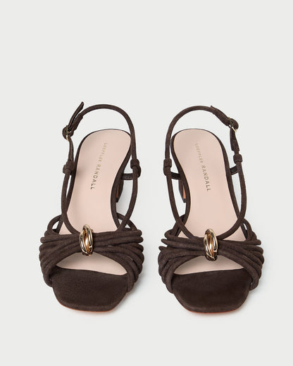 Minna Brown Suede Heeled Sandal in brown suede with a gold hardware accent.