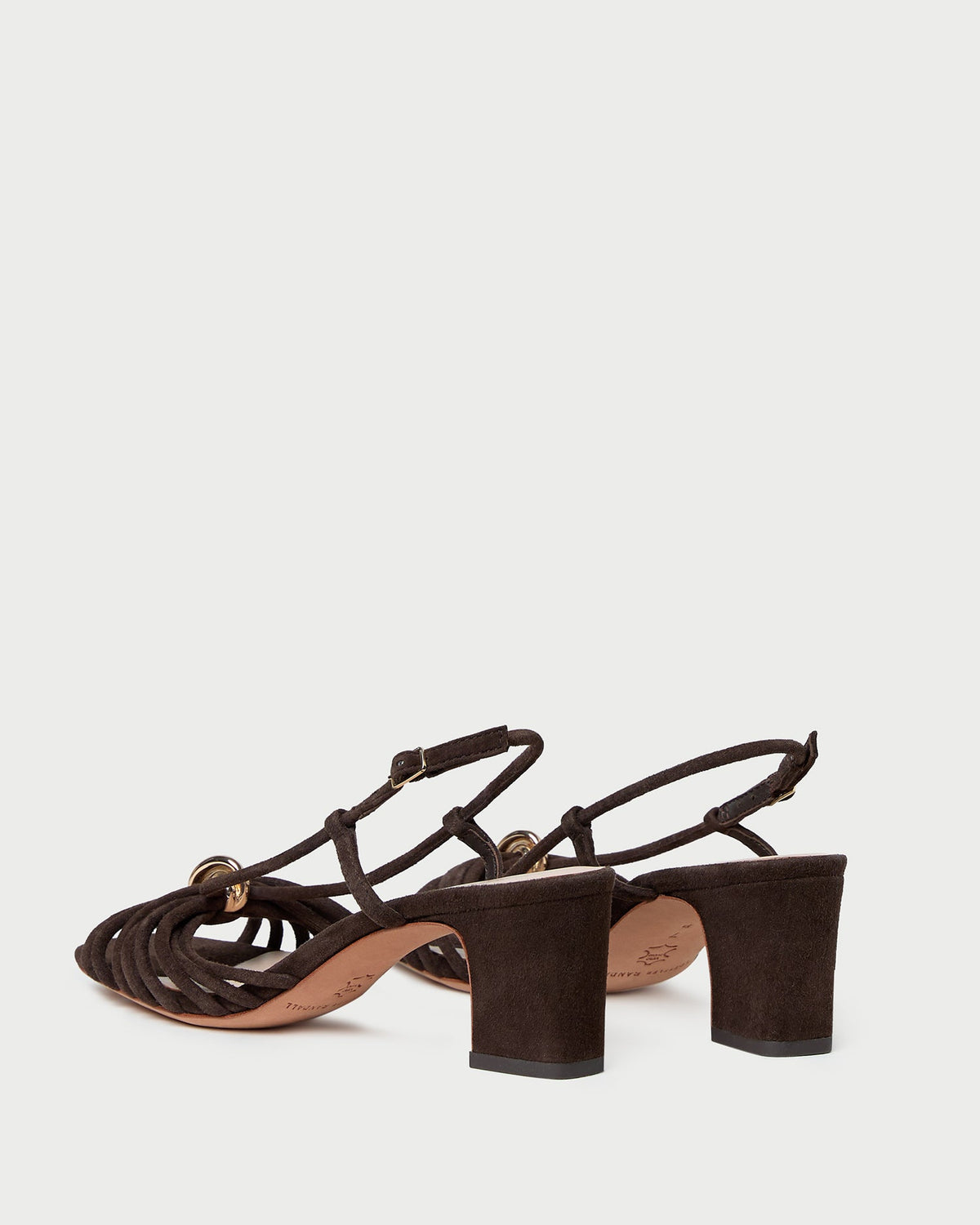 Minna Brown Suede Heeled Sandal in brown suede with a gold hardware accent.