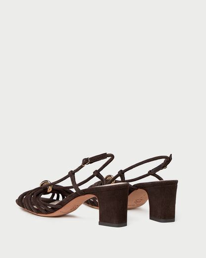 Minna Brown Suede Heeled Sandal in brown suede with a gold hardware accent.