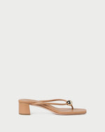 Odessa Dune Leather Heeled Sandal in dune tan leather with a gold ball accent.