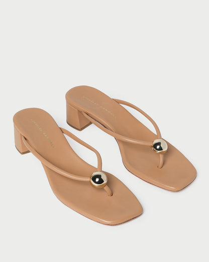 Odessa Dune Leather Heeled Sandal in dune tan leather with a gold ball accent.