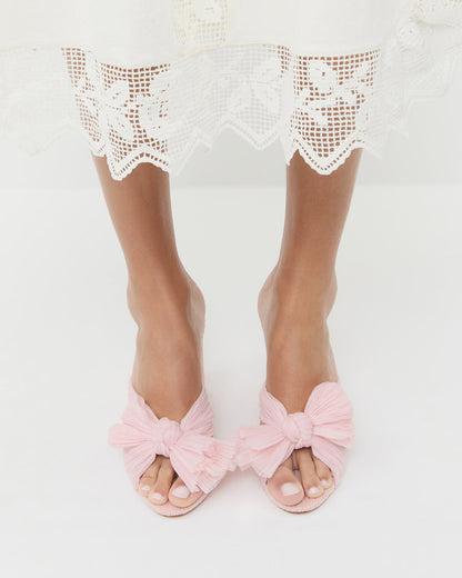 Penny Pink Pleated Organza Bow Heel in pale pink organza fabric and Poppy Lace Dress in white cotton.