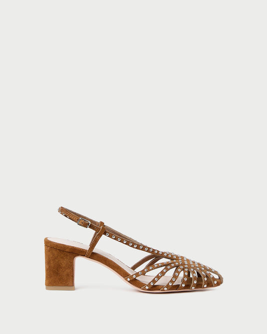Priscilla Cacao/Silver Suede Heeled Sandal in cacao brown suede and silver studs.