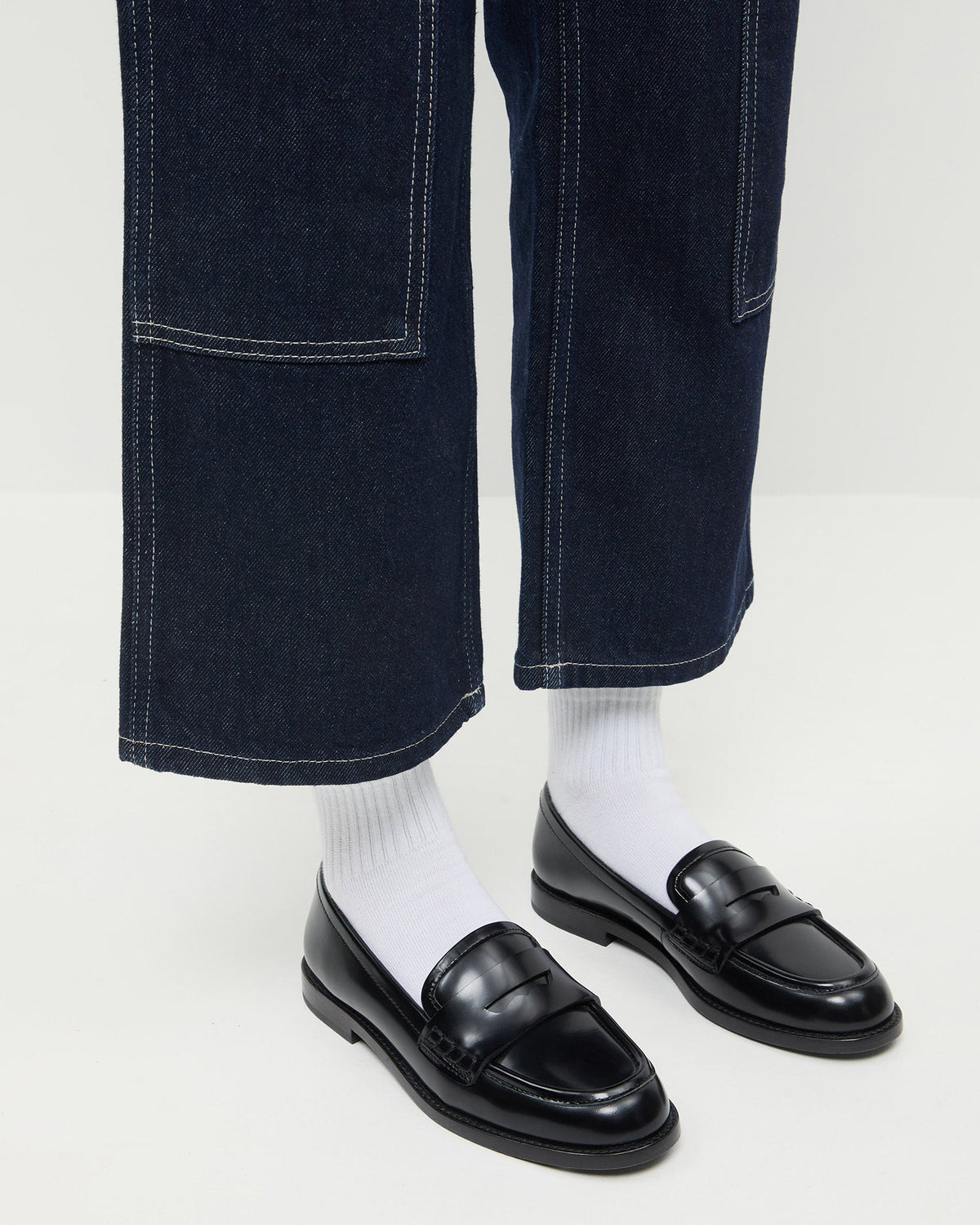 Rachel Black Leather Loafer in black leather and Molly Workwear Jean in dark blue denim.