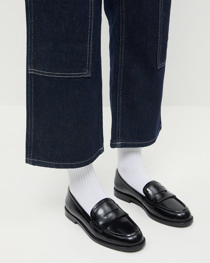 Rachel Black Leather Loafer in black leather and Molly Workwear Jean in dark blue denim.