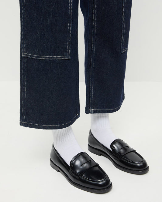 Rachel Black Leather Loafer in black leather and Molly Workwear Jean in dark blue denim.