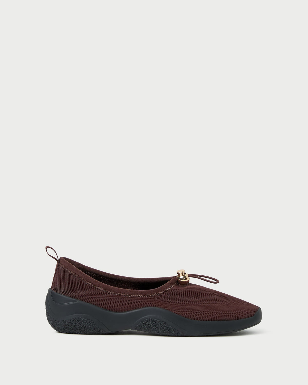 Raina Dark Brown Mesh Flat in dark brown mesh.