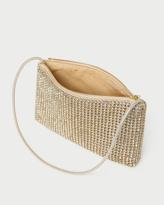 Yara Gold Diamanté Flat Clutch in gold diamanté.