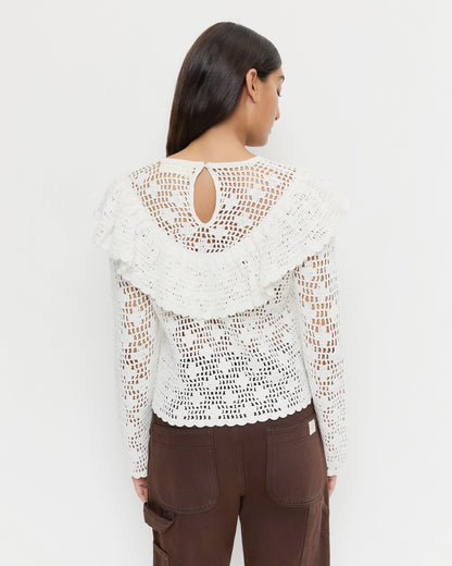 Abigail Top in hand crocheted cream cotton and Molly Workwear Jean in dark brown denim.