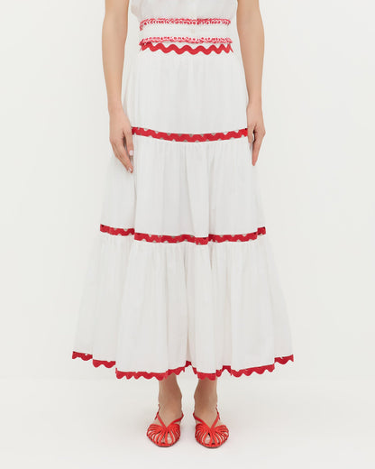 Aimee Skirt in white cotton with red accents and Devon Red Moiré Slingback Sandal.