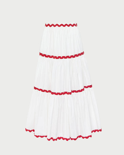 Aimee Skirt in white cotton with red accents.