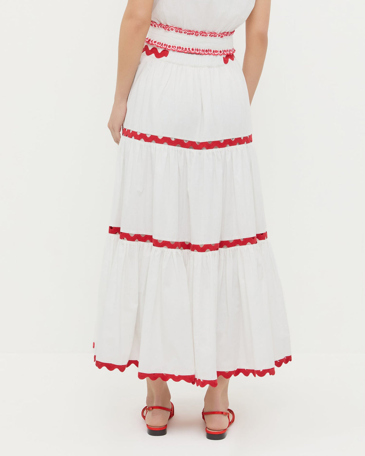 Aimee Skirt in white cotton with red accents and Devon Red Moiré Slingback Sandal.