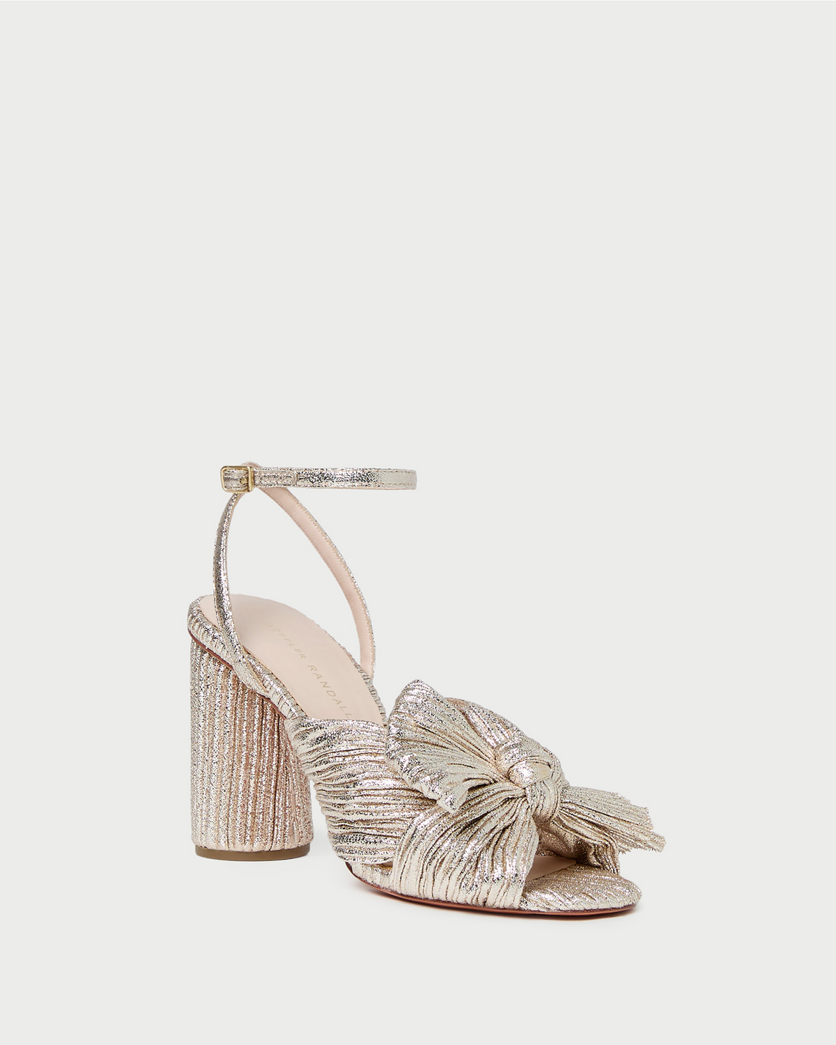 Camellia Champagne Pleated Bow Heel in champagne Italian lamé.