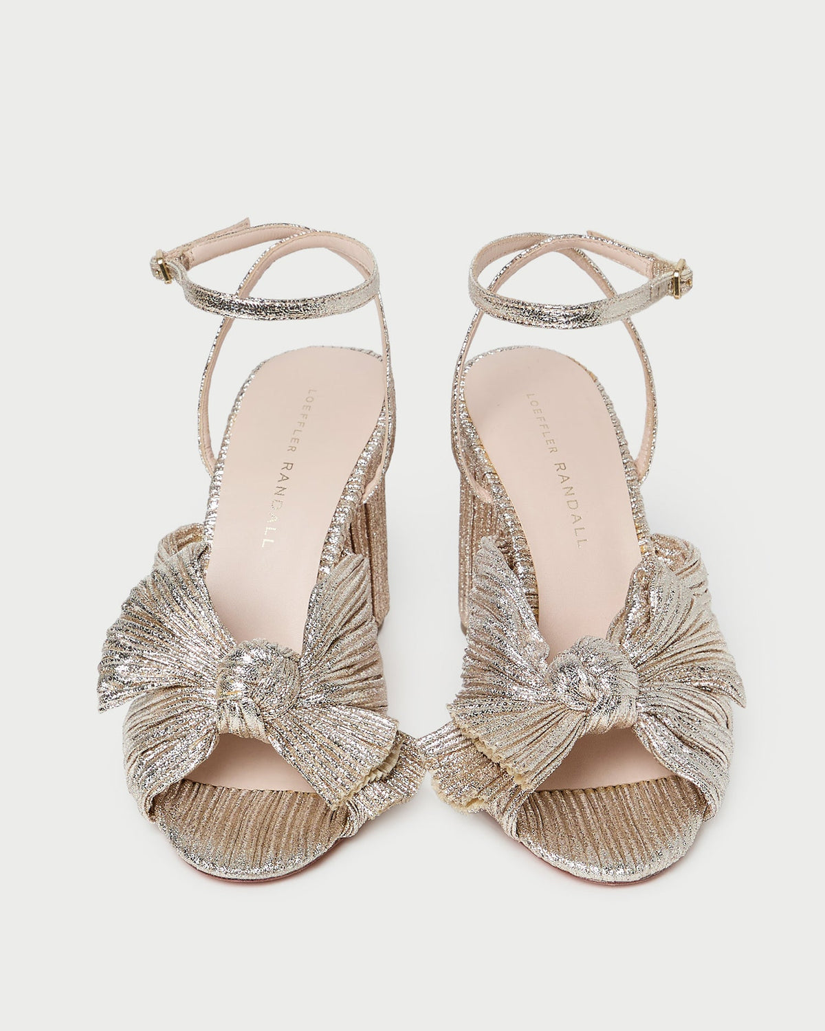 Camellia Champagne Pleated Bow Heel in champagne Italian lamé.