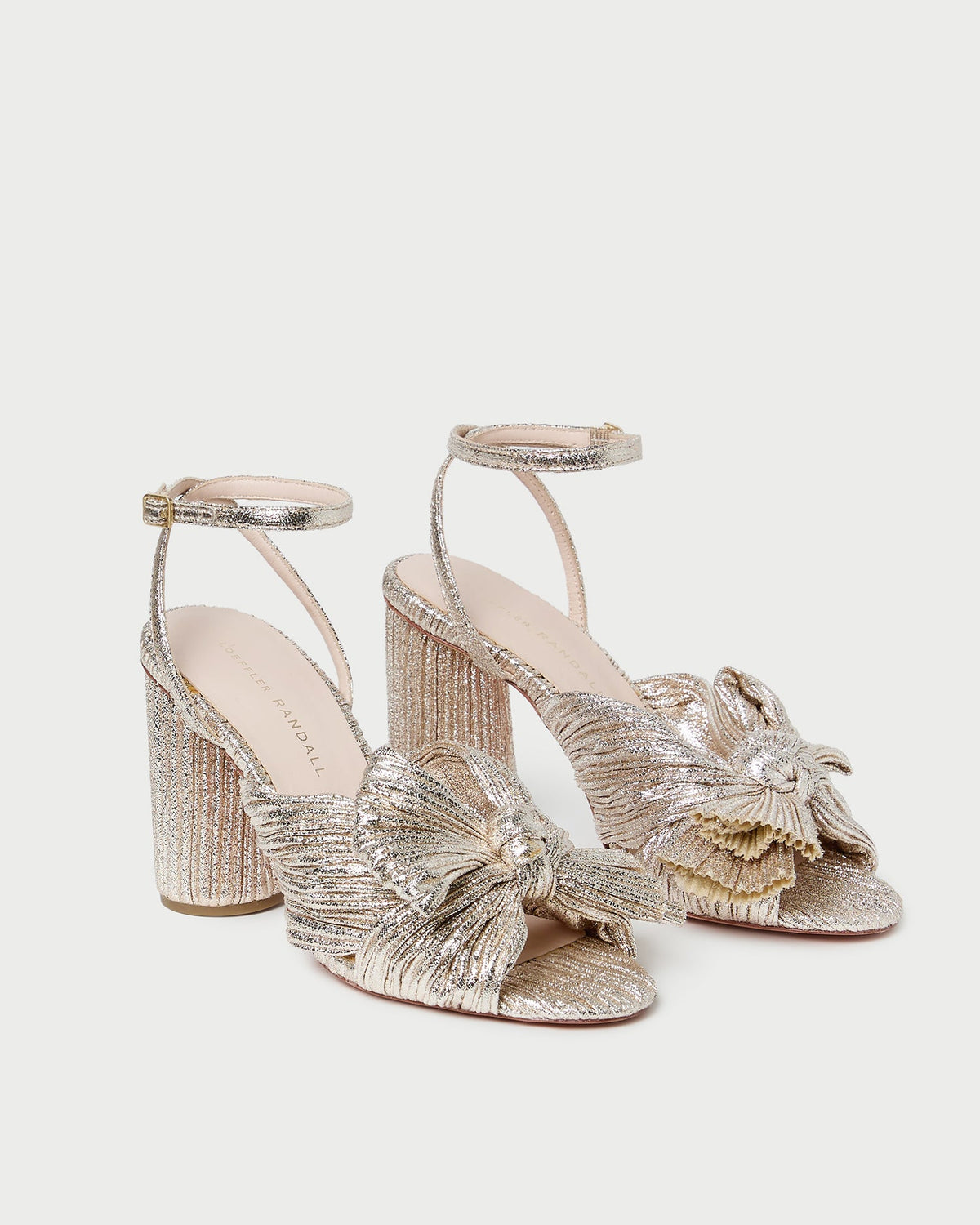 Camellia Champagne Pleated Bow Heel in champagne Italian lamé.