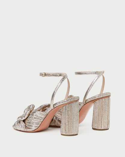 Camellia Champagne Pleated Bow Heel in champagne Italian lamé.