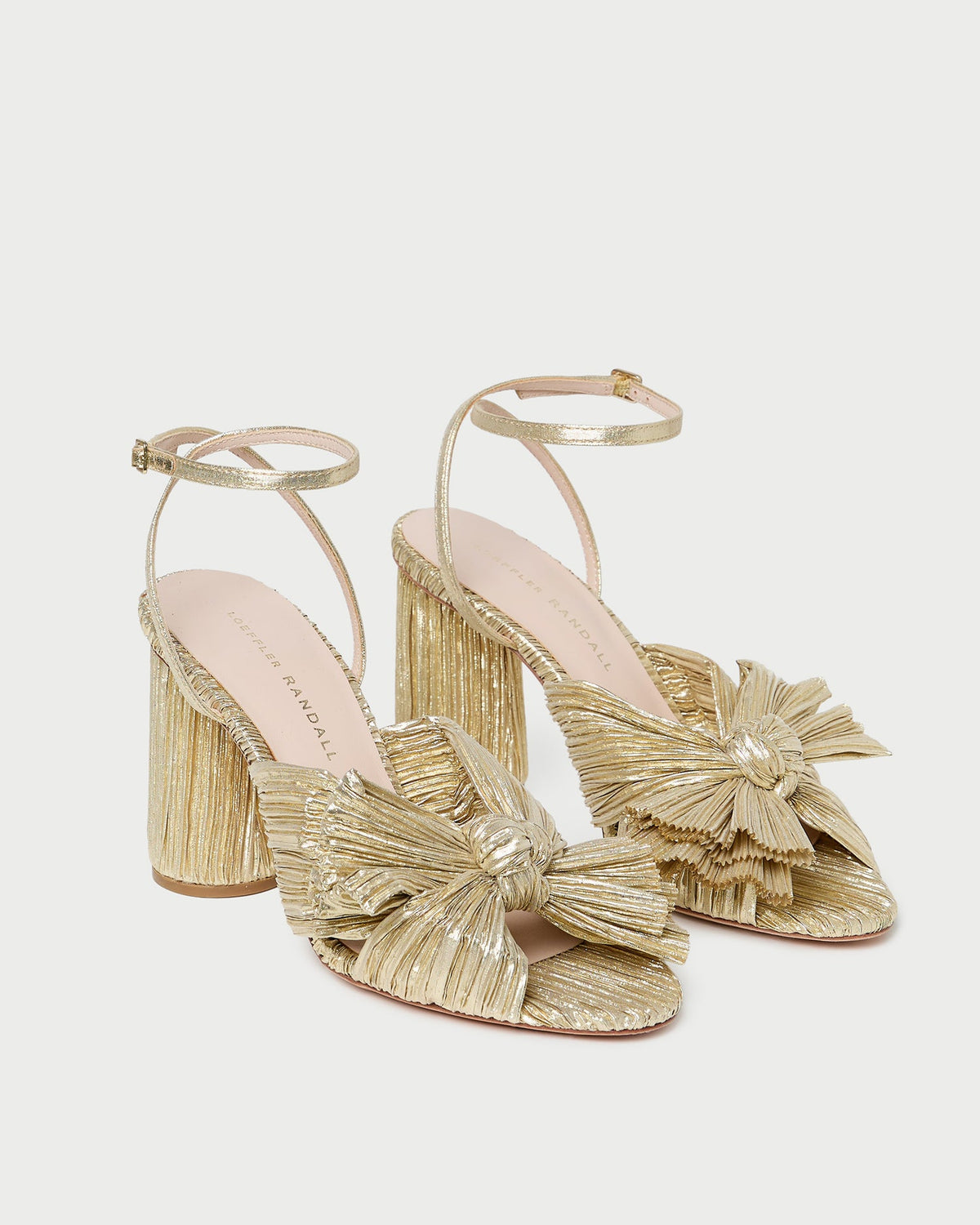 Camellia Gold Pleated Bow Heel in gold lamé.