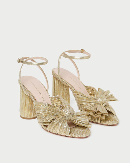 Camellia Gold Pleated Bow Heel in gold lamé.