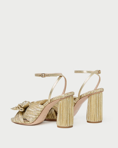 Camellia Gold Pleated Bow Heel in gold lamé.