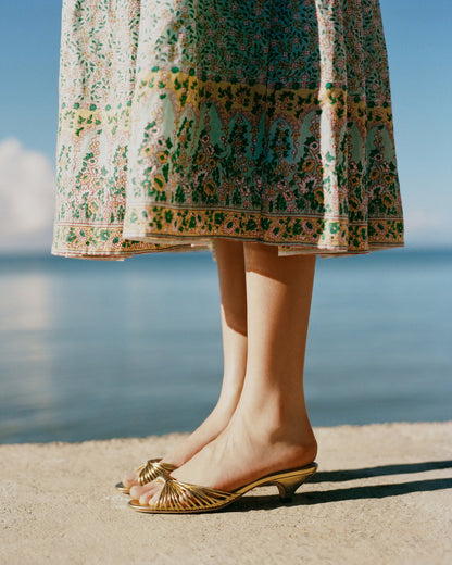 Dixie Gold Leather Kitten Heel in gold metallic leather and Gaia Dress in mint and yellow floral cotton ramie.